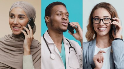 Poster - Three professionals are using their phones to communicate, showcasing diversity in attire and backgrounds. They appear focused and engaged in their discussions, highlighting teamwork.