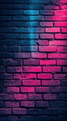 Poster - A colorful display of blue and pink light reflects off a rough brick wall. This urban backdrop evokes a lively atmosphere, ideal for creative expression and artistic inspiration