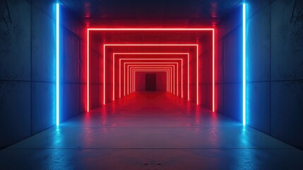 Poster - Vibrant Neon Light Tunnel with Red and Blue Illuminated Walls