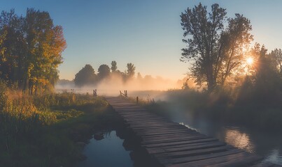 Poster - A misty river scene featuring a vintage wooden bridge, perfect for serene and atmospheric imagery.