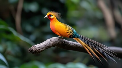 vibrant golden pheasant perched on branch in lush green natural habitat