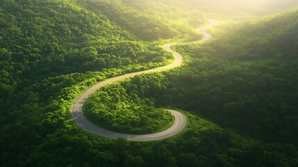 Aufkleber - A scenic image of a winding road through a lush green forest, perfect for nature and landscape themes.