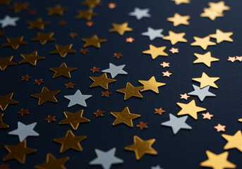 Poster - Stars Background with Gold Stars and Silver Stars Decorations. Starry background with gold and silver star confetti on dark blue surface. Festive stars background