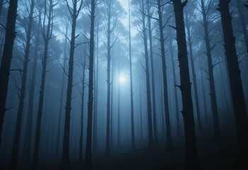 Aufkleber - Misty Forest Scene. Tall Trees Stand Silhouetted In A Foggy Landscape. Soft Light Creates A Tranquil, Mystical Mood. Forest Depths Are Revealed. Nature Invites Exploration.