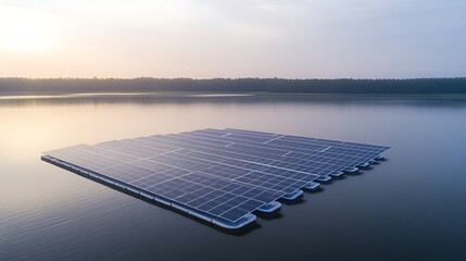 Poster - Aerial view of a floating solar farm on calm water, showcasing renewable energy in a serene environment.