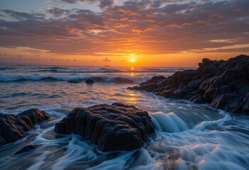 Poster - Coastal Sunset Glow. Golden Hour At The Sea, Waves Crashing On Rocks. Serene Ocean Scene. Nature's Majesty At Dusk. Peaceful, Warm Light Reflections