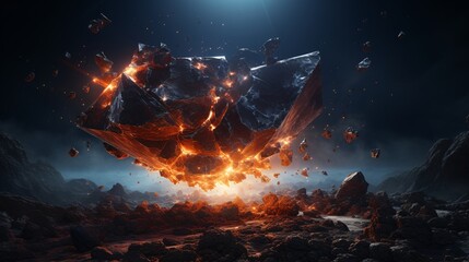 Wall Mural - A levitating energy crystal emerging from a shattered asteroid