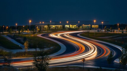 Aufkleber - A highway overpass at night, with curving roads and long-exposure light trails from passing vehicles.