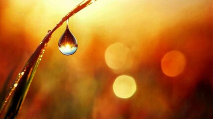 Poster - A single water droplet hanging from the tip of a vibrant green blade of grass, with a blurred natural background.