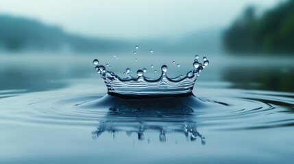 Poster - Slow-motion capture of a water droplet splashing into a calm lake, forming a perfect crown shape.