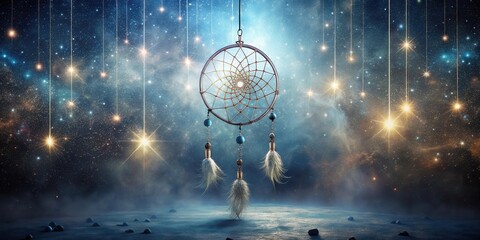 Wall Mural - Mystical Dreamcatcher Adorned with Feathers Suspended Against a Starry Night Sky Backdrop