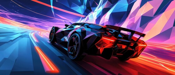 Poster - Futuristic car racing through digital cyber landscape neon environment dynamic viewpoint high-speed concept