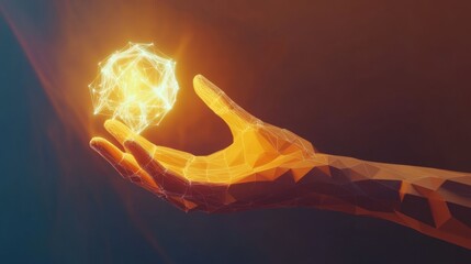 Poster - Low-polygon human hand reaching for a glowing orb of energy in a digital realm