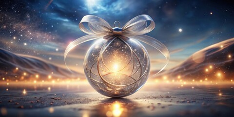 Wall Mural - A Celestial Orb Adorned with a Delicate Bow Rests on a Mystical Shore Under a Starry Sky