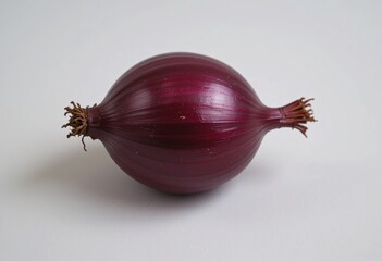 Poster - Single Red Onion Beauty A Close-up Captures Its Rich Texture. Glossy Skin Reflects Natural Light. A Fresh Food Image For Culinary Projects.