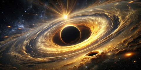 Wall Mural - A Celestial Dance Golden Accretion Disk Surrounding a Black Hole in a Vibrant Starfield