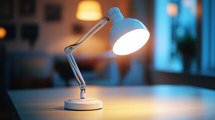Poster - Elegant white led desk lamp glowing in soft bokeh tranquil home office setting product photography