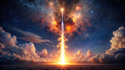 Wall Mural - A Fiery Ascent Through Celestial Clouds and Starry Expanse Towards the Infinite Unknown