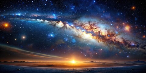 Wall Mural - A breathtaking panorama of a celestial sunrise over a serene, snow-covered landscape, showcasing the vibrant colors of a cosmic dawn and the majestic expanse of a star-filled galaxy.