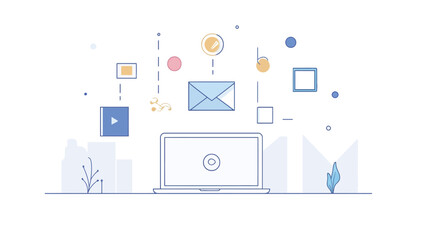 The image depicts a minimalist illustration of a laptop computer on a light background.  Above the laptop, various abstract icons representing email, video, and other forms of digital