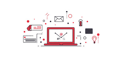 The image is a vector illustration featuring a red laptop at the center.  Surrounding the laptop are various line icons depicting email messages, network signals, a padlock representing