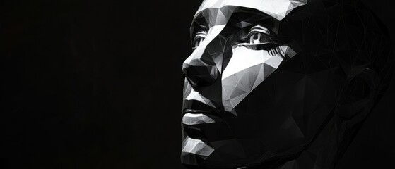 Poster - Close-up of a low-polygon robotic face emerging from shadows - monochrome digital art