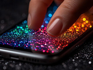 Poster - closeup of a fingertip interacting with a vibrant, glittering smartphone screen. a captivating image