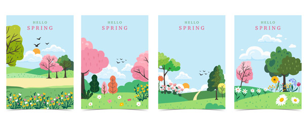 Wall Mural - spring landscape background with mountain and tree for a4 vertical design