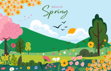 Wall Mural - spring landscape background with mountain and tree for horizontal design