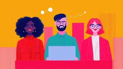 Poster - Team building communication engagement concept. A colorful illustration featuring three diverse individuals collaborating at a laptop, set against a vibrant yellow background.