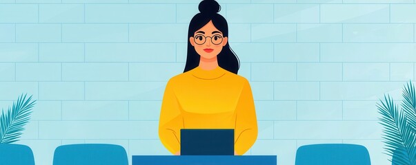 Poster - Team building communication engagement concept. A confident woman in a yellow sweater stands at a desk with a laptop, surrounded by a modern, minimalist setting.