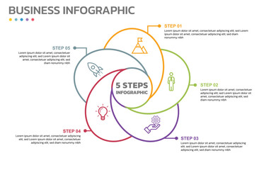 Poster - Visual data presentation. Cycle diagram with 5 options. Pie Chart Circle thin line infographic template with 5 steps, options, parts, segments. Business concept. Editable pie chart with sectors.