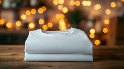 Poster - Neatly folded white t-shirt with blurred bokeh background indoor setting lifestyle photography