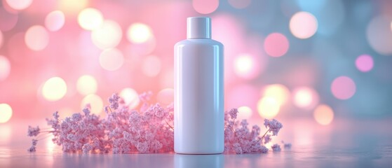 Poster - Elegant white shampoo bottle mockup surrounded by pastel flowers in studio setting