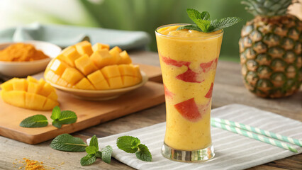 Aufkleber - refreshing tropical mango and pineapple smoothie swirled with vibrant colors, garnished with fresh mint leaves, and set on wooden table with sliced mango and whole pineapple in background