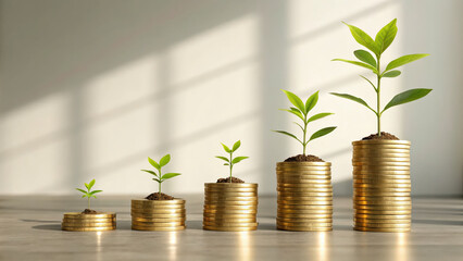 Poster - Young plants sprout from stacked coins, symbolizing financial growth and investment success. image conveys sense of prosperity and sustainable development, with sunlight enhancing scene