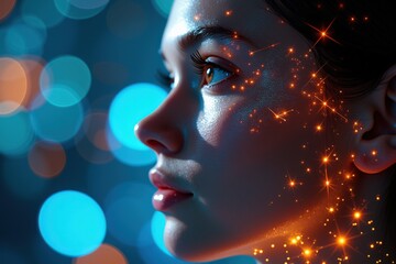 Canvas Print - close-up portrait of a young woman with sparkling details on her face against a bokeh background of 
