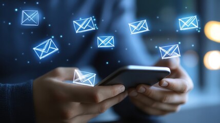 Poster - Person holding a smartphone with floating email symbols
