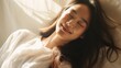 © EnbeAi - Dreamy slumber: Asian woman bathed in golden light enjoying restful moment