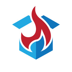 Poster - The image shows a flat logo design of a blue box with a red flame on a white background. 