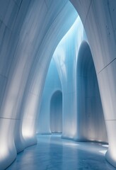 Poster - Modern Architecture Concept. Serene Interior Design With Flowing Arches. Futuristic Space, Smooth Surfaces. Reflective Material, Soft Lighting Invites Exploration. Dreamlike Quality, A Vision Of