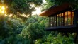 © kwang - A modern treehouse nestled among lush greenery, bathed in warm sunlight, showcasing a harmonious blend of nature and architecture.