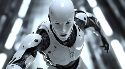 Poster - futuristic cityscape featuring a robot amongst skyscrapers demonstrating advanced technology and inn