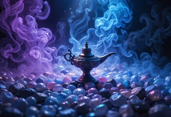Poster - Dreamlike Lamp, Glimmering Stones. Ethereal Light, Fantasy Scene With Swirling Smoke. Beautiful Decoration. Artistic Creation, Evokes Wonder And Serenity. Decorative Object, Magic Inspiration.