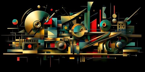 Poster - Abstract Geometric Construction in Teal, Gold, and Red on Black Backdrop