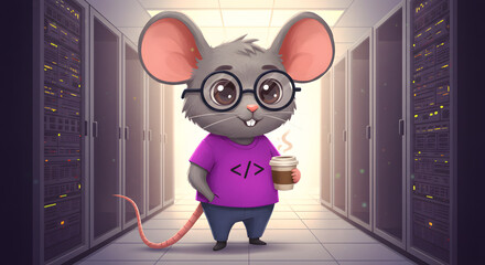 cartoon mouse programmer with coffee