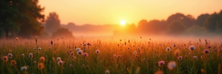 a softly focused shot of a meadow at sunrise with mist, serene, soft focus, sun rise