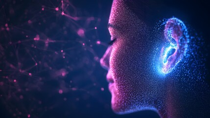 Poster - Person's face illuminated by glowing blue and pink light creating a mystical and dreamlike atmosphere in a dark setting