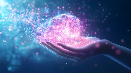 Poster - Hand holding a glowing pink ball emitting a soft light creating a sense of magic and wonder in a dark environment