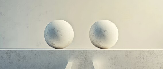 Fototapete - Balance between two white spheres on a minimalistic shelf set against a gray background in a 3D rendering